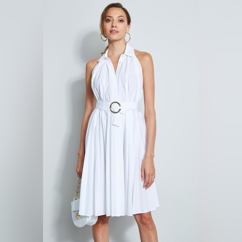 ELIE TAHARI ✨NWT✨ Pleated Fit & Flare Belted Halter Midi-Dress, Size 4